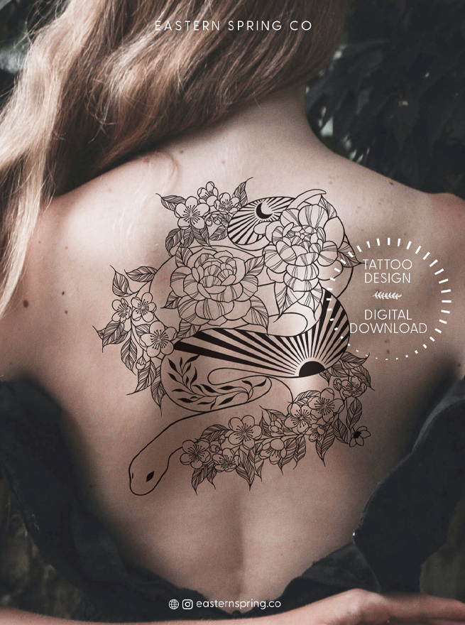 Eastern Spring Co artistic tattoo design, Snake & Roses