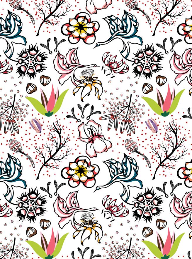 Eastern Spring - Flower and Birds seamless pattern